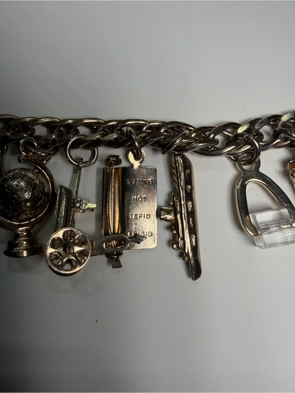 Vintage 1950s Gold Tone Charm Bracelet Keys Diary Globe Mid Century Estate
